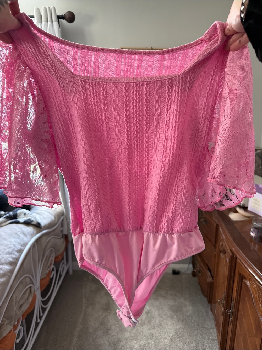 SHEIN Pink Lace-Trim Knit Bodysuit